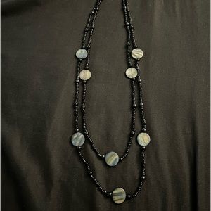 Vintage black seed bead double strand necklace with 8 Abalone grey/black discs